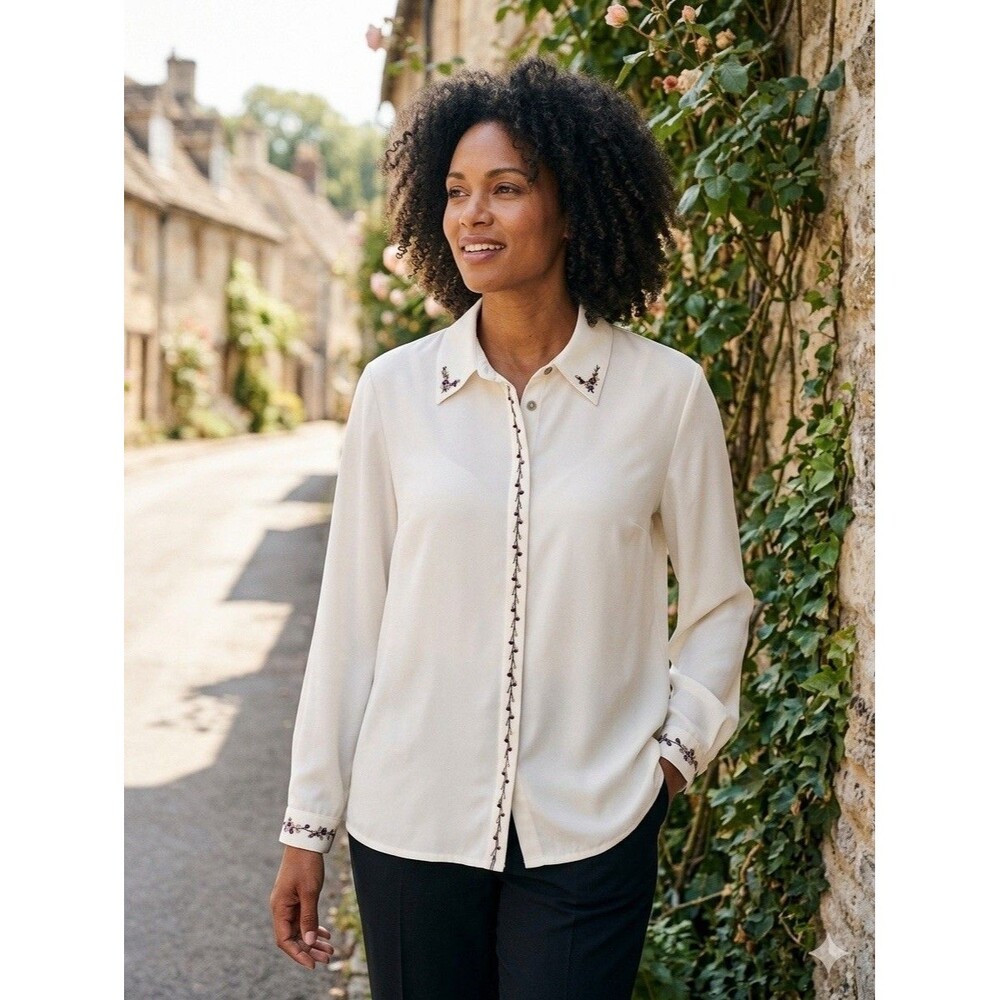 Koret Vintage Blouse Cream size 14 long sleeve button down embroidered